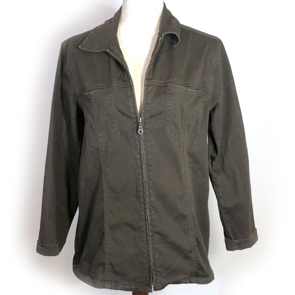 Chico's Olive Green Jacket Medium Stretch Cotton - Picture 1 of 7